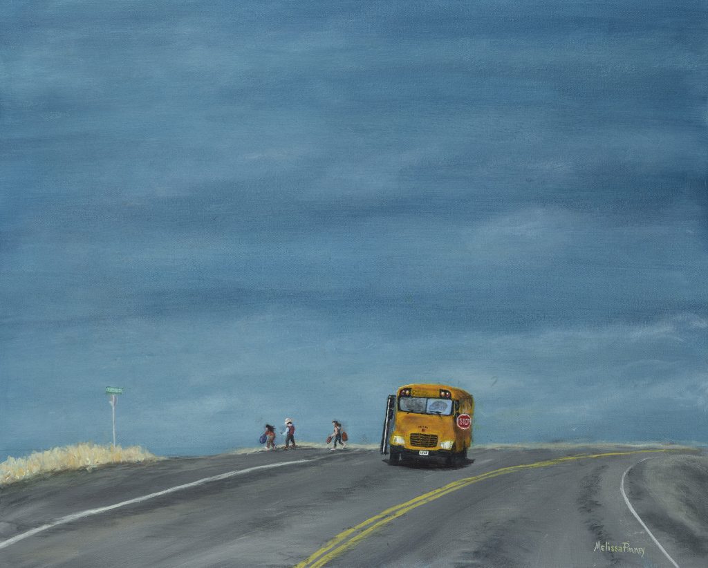 School bus at the top of a hill dropping off three students
