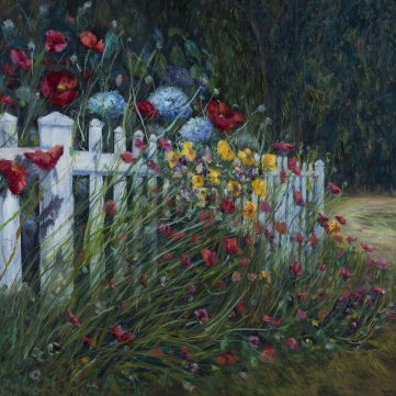 a white fence is over taken by summer flowers